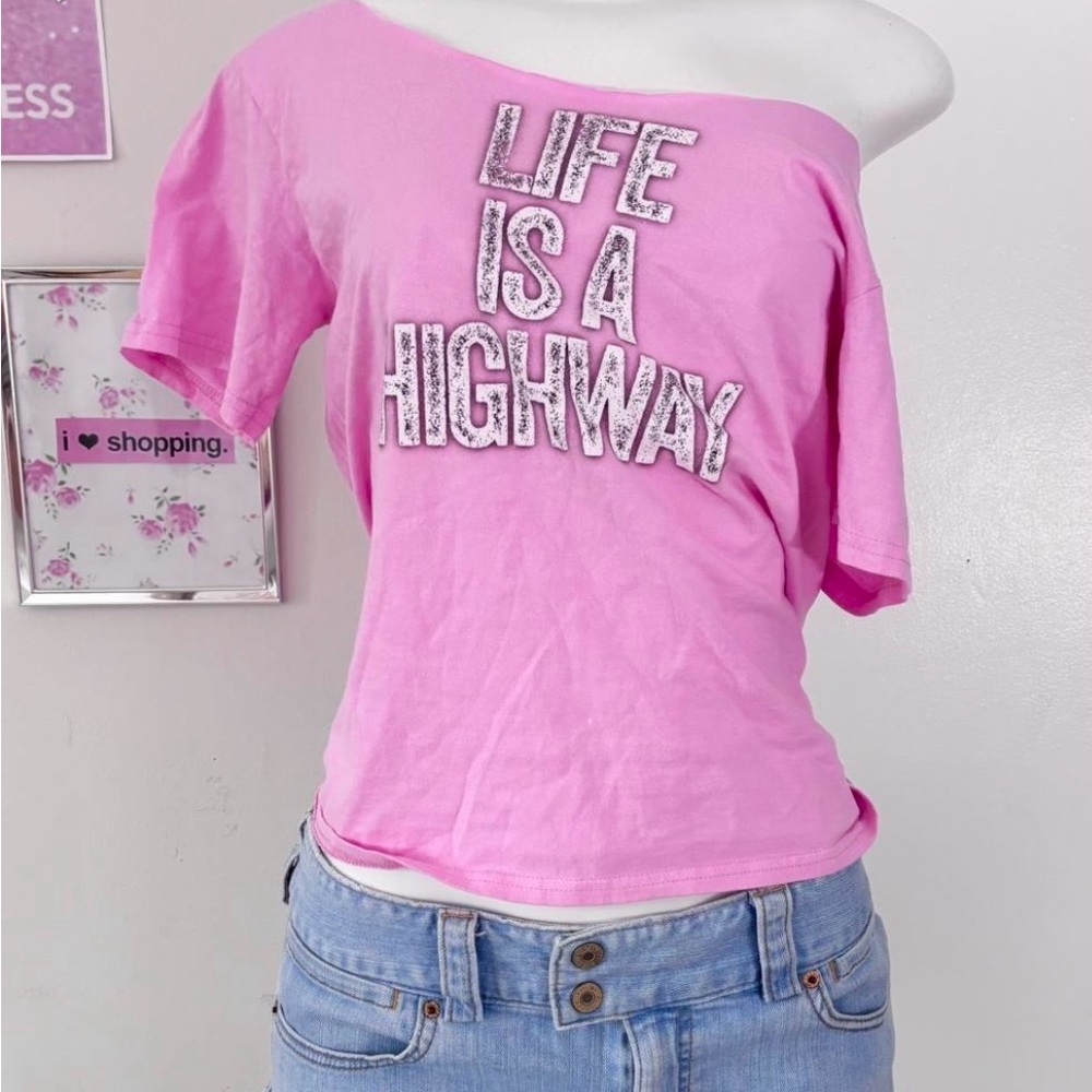 Pink Off-Shoulder Graphic Tee